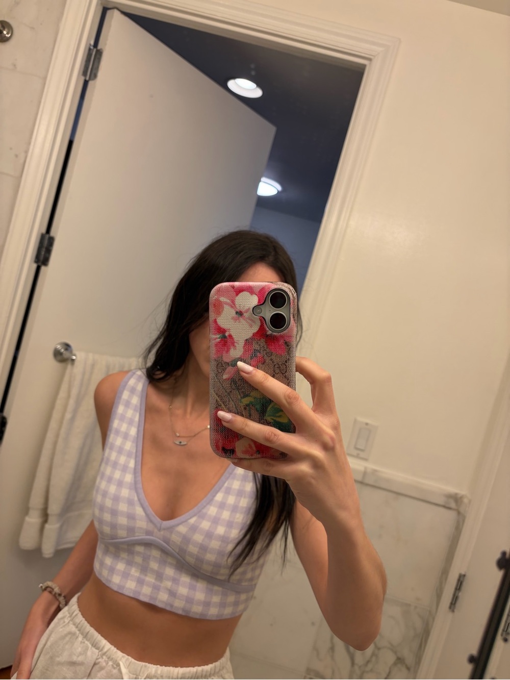 Zara Lilac and White Gingham Knit Crop Tank